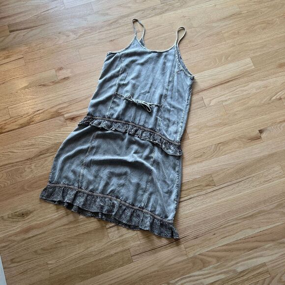 vtg 90s drop‎ waist embroidered ruffle boho dress distressed grey rayon medium - Picture 7 of 8
